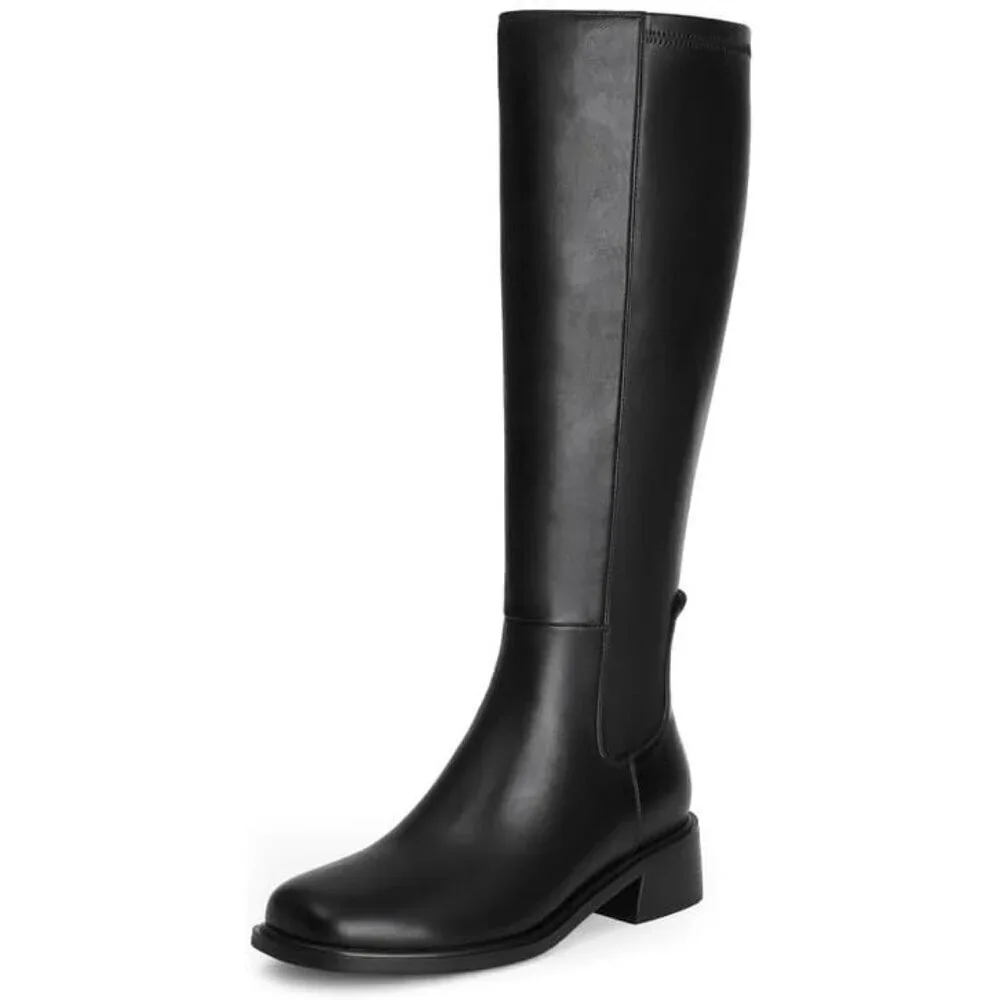 Women's Black Faux Leather Elastic Low Heel Square Toe Zipper Knee High Boots